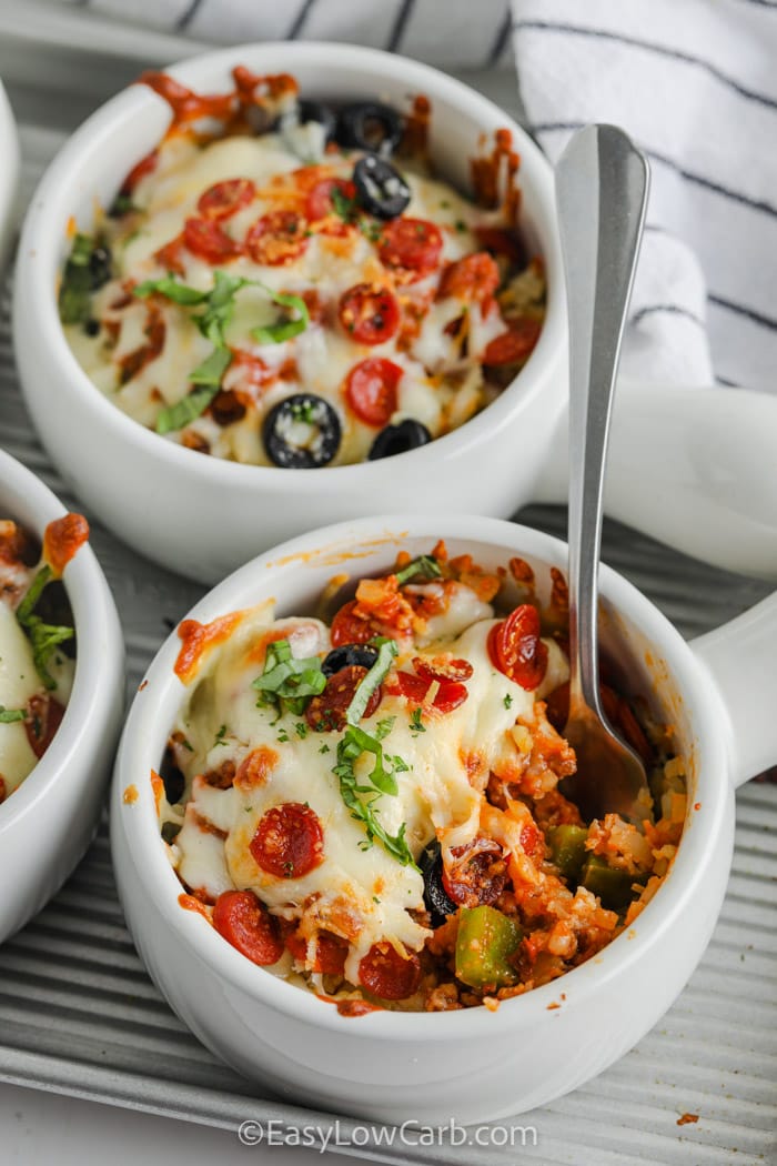 white bowls filled with low carb Pizza Bowl Recipe