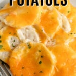 Keto Scalloped Potatoes on a plate with a title