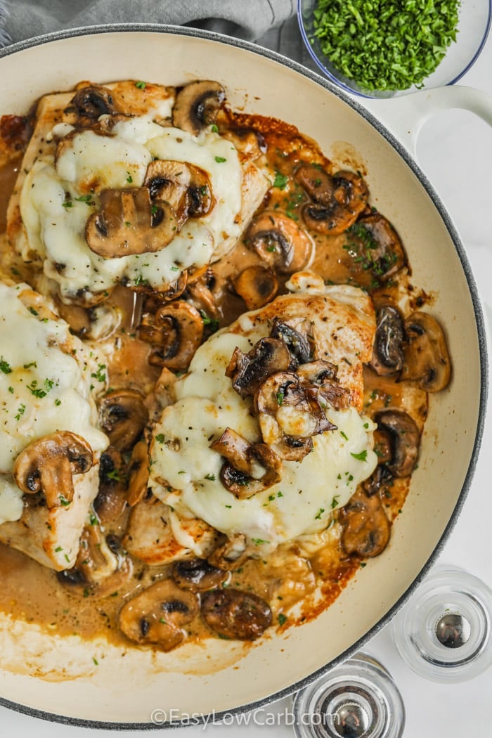 top view of cooked Skillet Chicken and Mushrooms in the pot