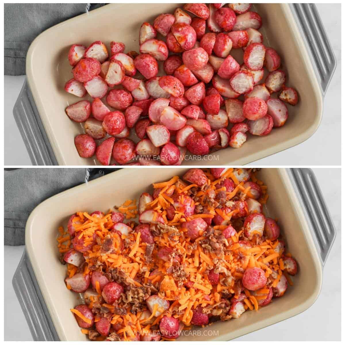 process of adding ingredients to dish to make Loaded Baked Radishes Casserole