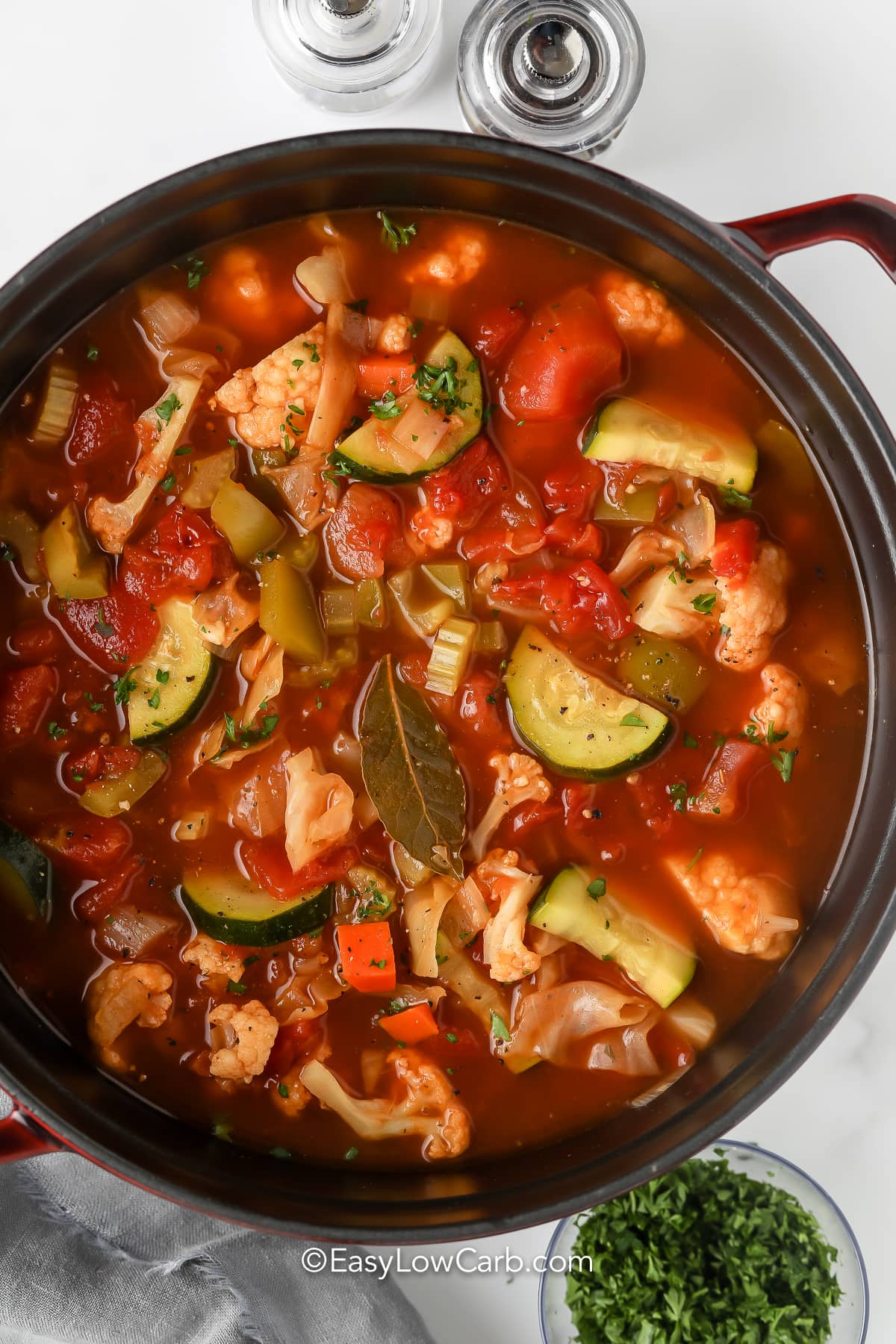 top view of cooked Low Carb Cabbage Soup in the pot