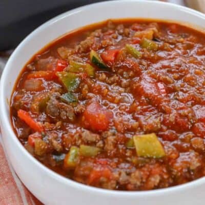Low Carb Chili in a white bowl