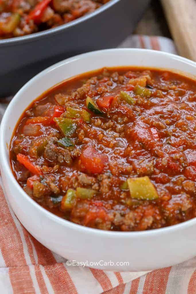 Low Carb Chili in a white bowl