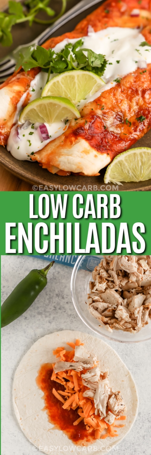 Top image - a plate of Low Carb Chicken Enchiladas. Bottom image - Low Carb Enchilada ingredients on a tortilla with writing
