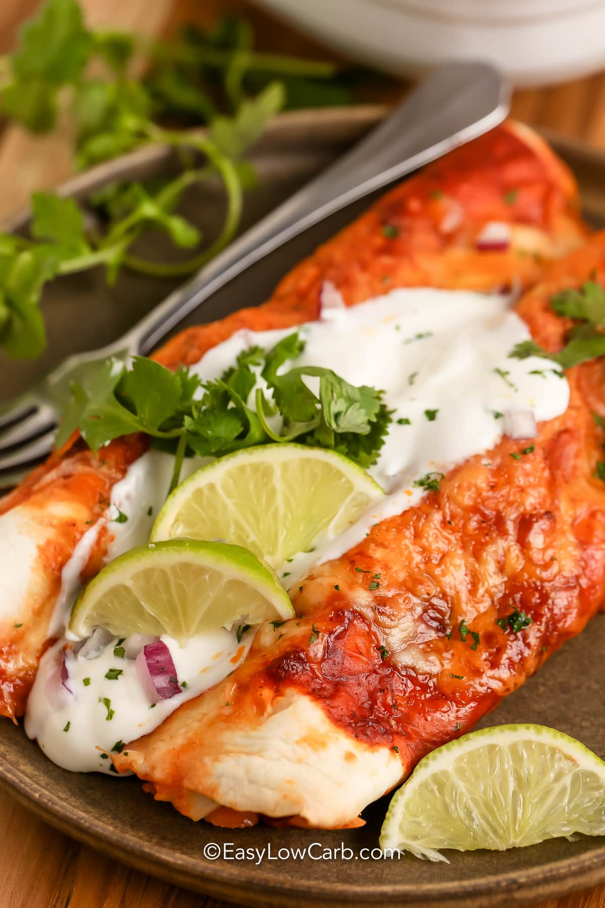 Low Carb Enchiladas topped with sour cream and cilantro with lime wedges