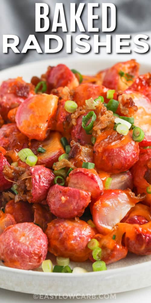 close up of Loaded Baked Radishes Casserole with writing