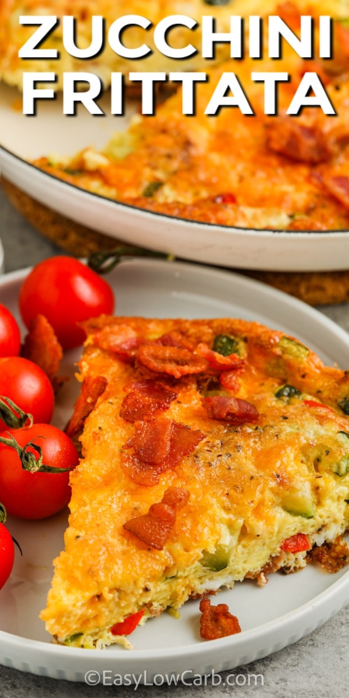 piece of Zucchini Frittata on a plate with writing