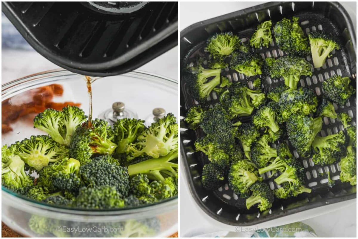 process of pouring bacon grease on broccoli, and broccoli in an air fryer basket