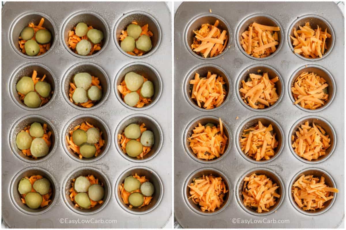 Keto Pickle Chips in a muffin tin, one showing cheese topping and one not showing cheese topping