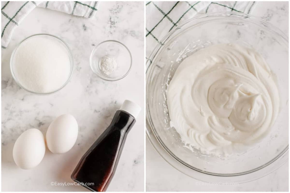 ingredients and whipped meringue in a bowl, to make Sugar Free Meringues