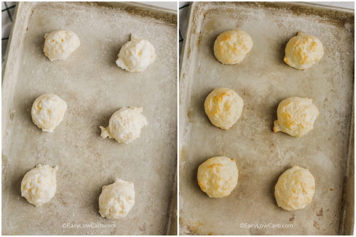 Baked Cheese Meringues on a baking sheet before and after being baked.