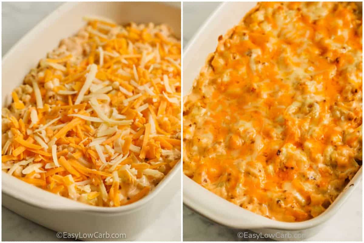 Caulilfower Mac And Cheese Recipe in a casserole dish before and after being baked