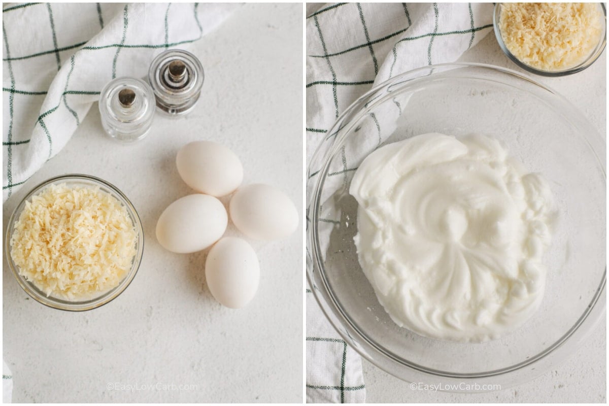 ingredients to make Baked Cheese Meringues, and egg whites whipped with cheese on the side.