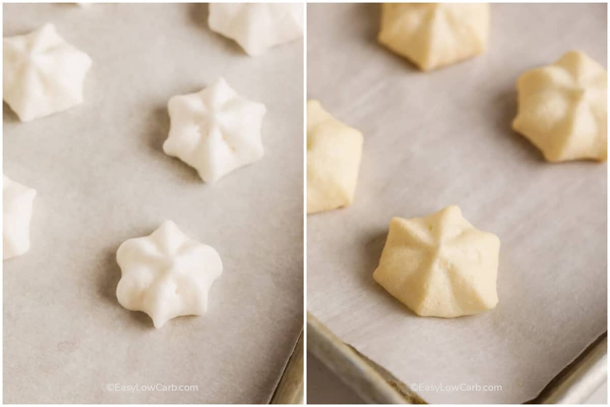 Sugar Free Meringues on a baking sheet before and after being baked