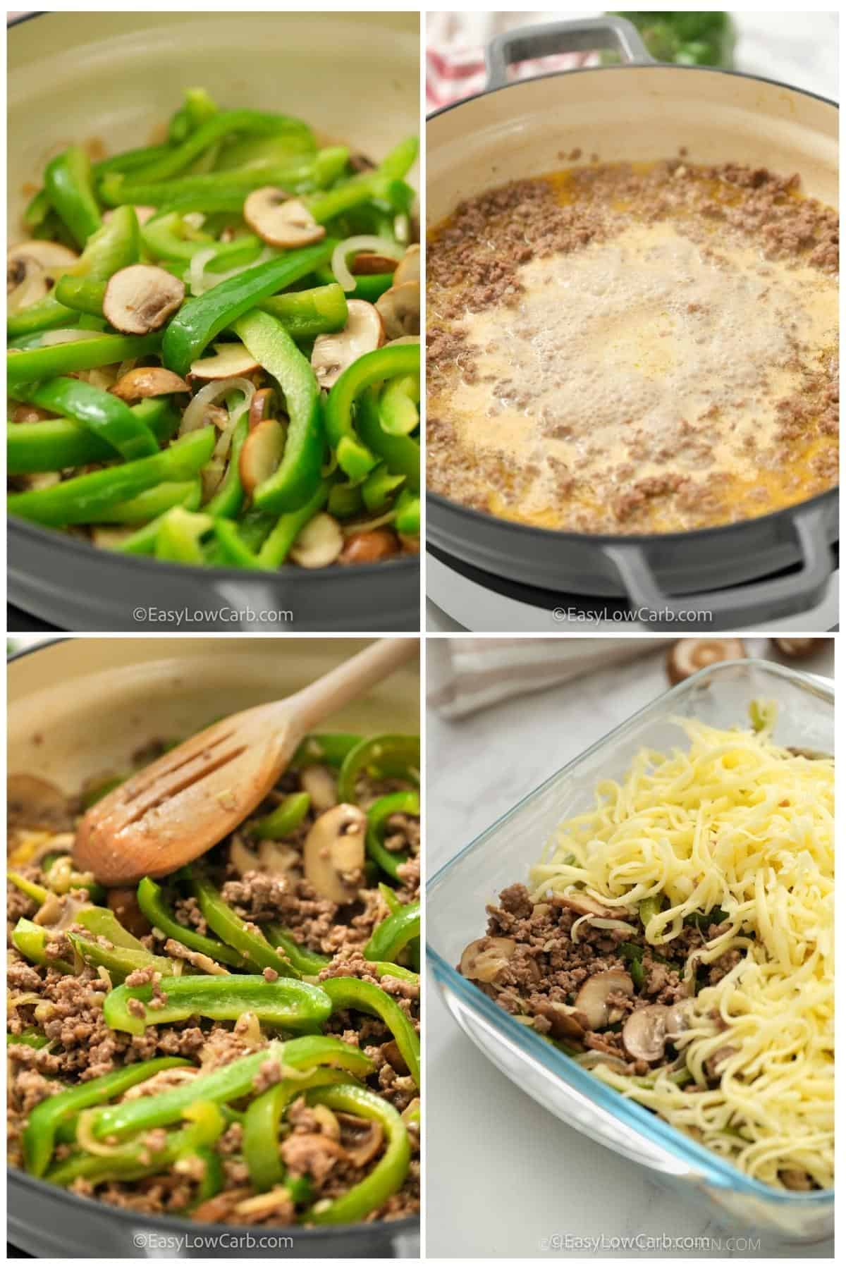 process of adding ingredients together to make Low Carb Philly Cheesesteak Casserole Recipe