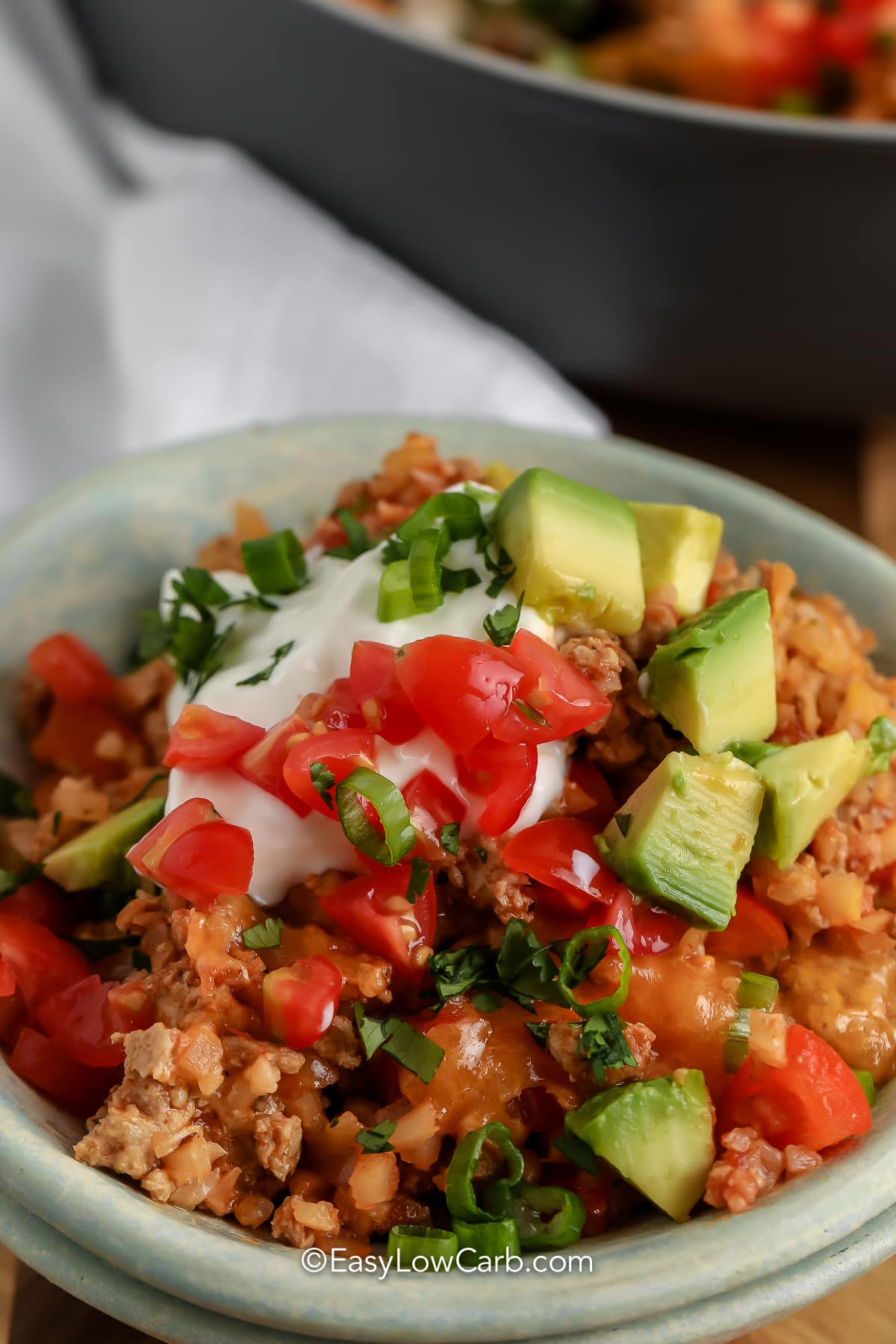 Cheesy Taco Skillet in a bowl with tomatoes & guacamole