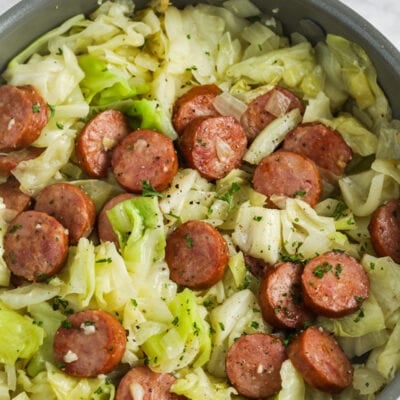 Fried Cabbage & Sausage in a skillet