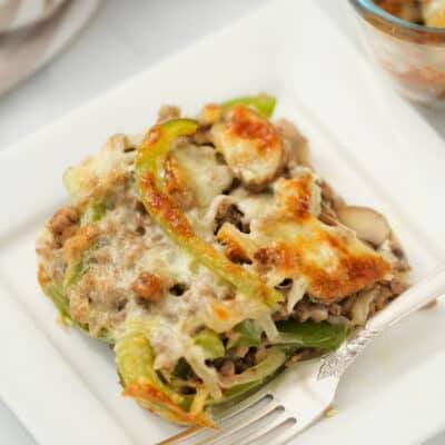 slice of Low Carb Philly Cheesesteak Casserole Recipe on a plate