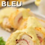 Keto Chicken Cordon Bleu on a plate with sauce and writing