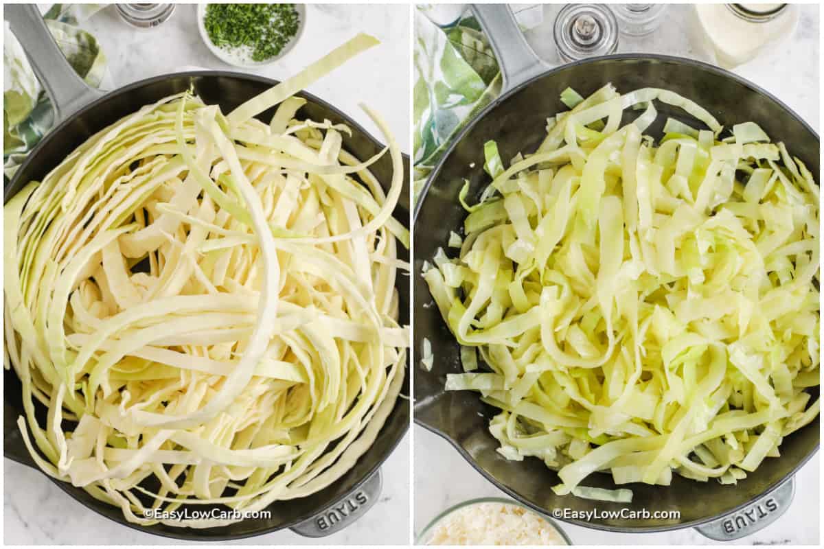 cabbage for Cabbage Noodles Alfredo before and after being cooked