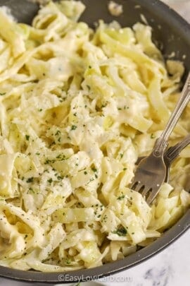 Cabbage Noodles Alfredo in a frying pan with a fork