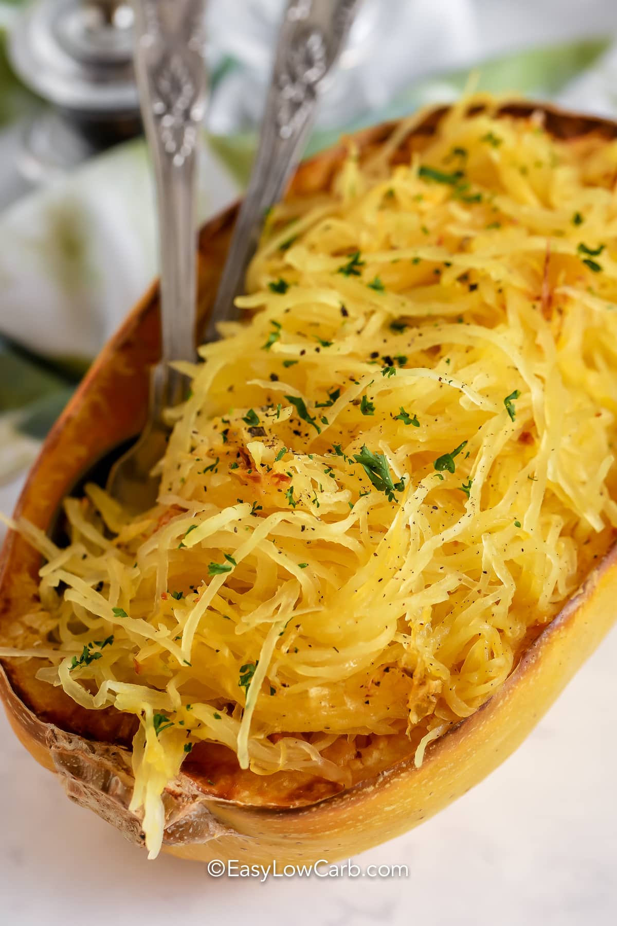 Air Fryer Spaghetti Squash with utensils