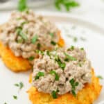 Keto biscuits topped with sausage gravy