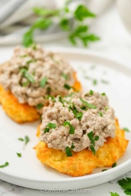 Keto biscuits topped with sausage gravy