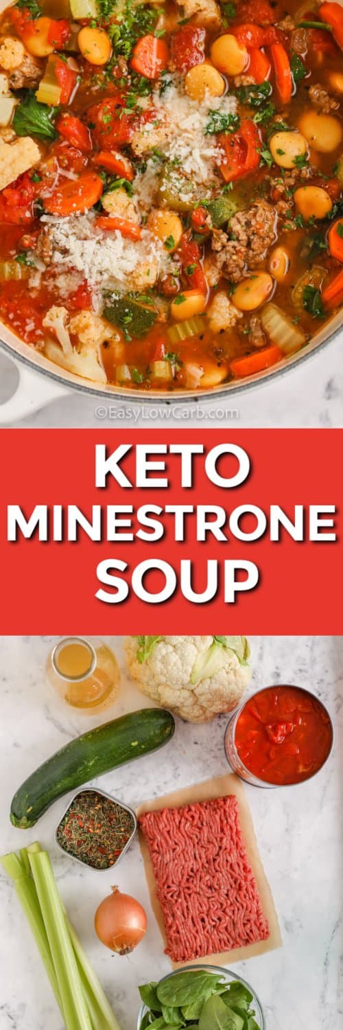 Keto Minestrone Soup ingredients and Keto Minestrone Soup in a pot with a title