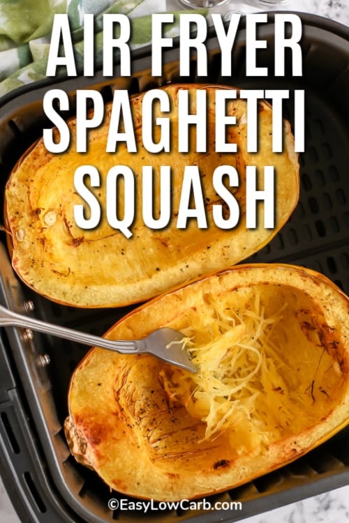 Air Fryer Spaghetti Squash in an air fryer with writing
