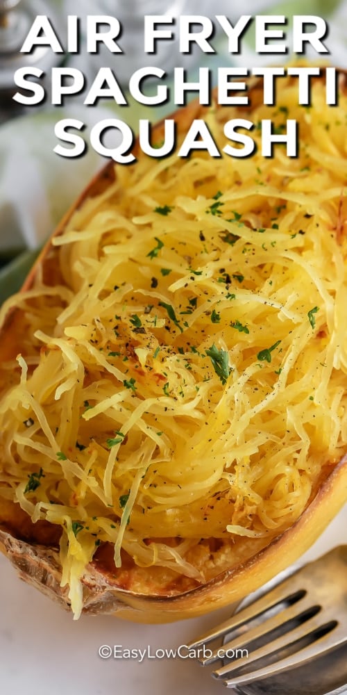 Air Fryer Spaghetti Squash with a fork and a title