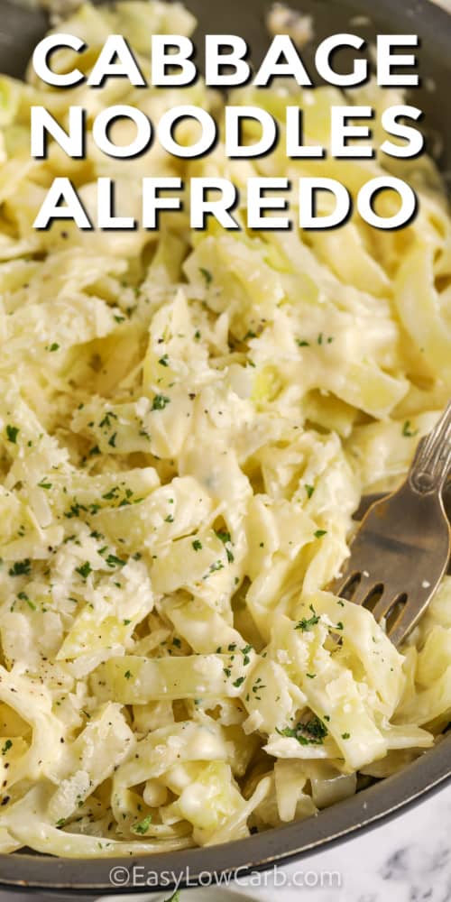 Cabbage Noodles Alfredo in a pan with a fork and a title