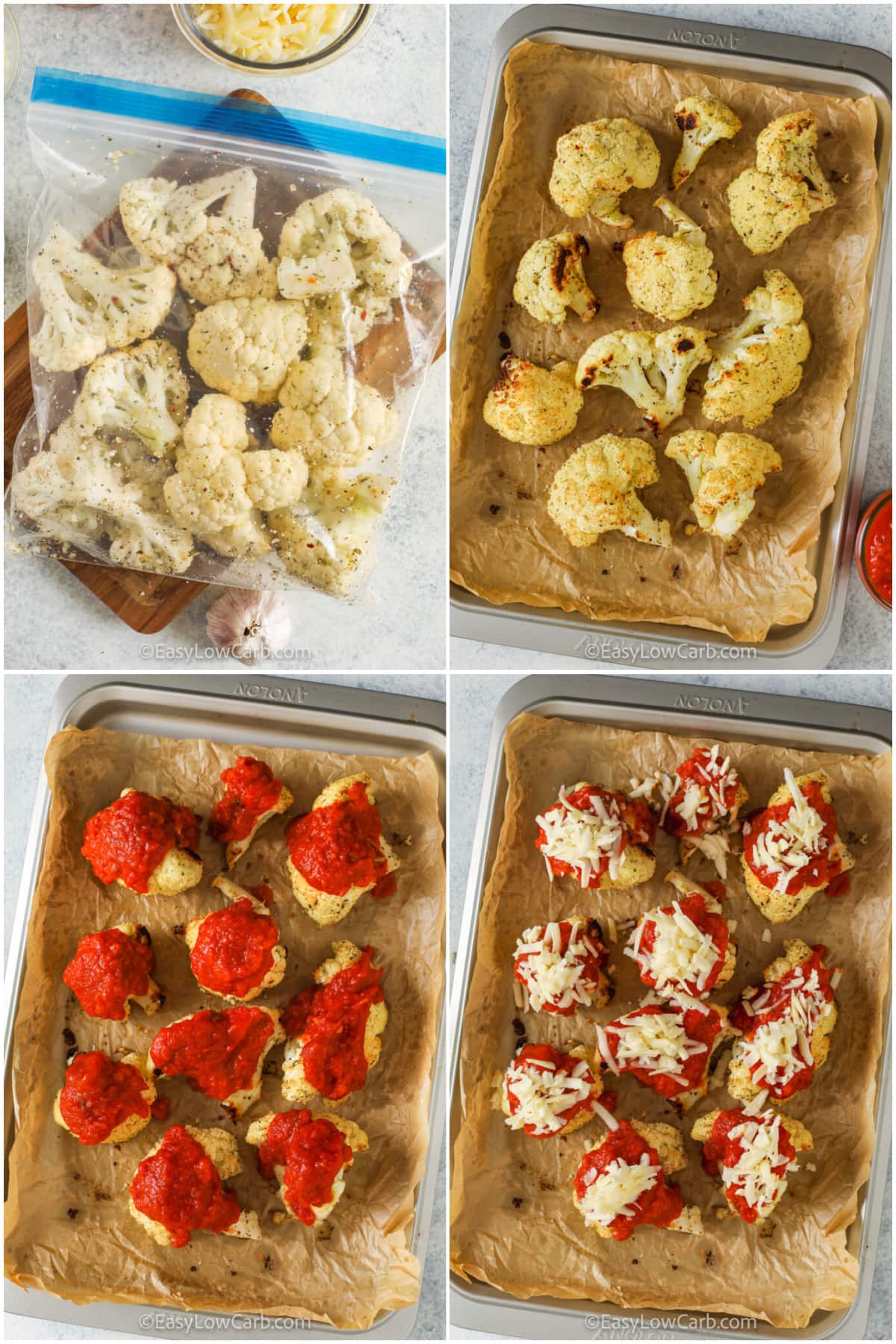 process of making Cauliflower Parmesan, from seasoning the cauliflower, baking cauliflower, adding the sauce and cheese.