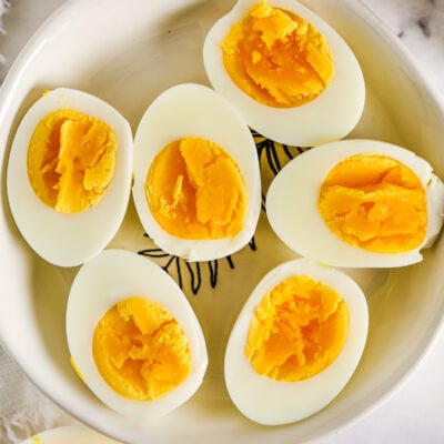 Hard Boiled Eggs cut in half in a bowl