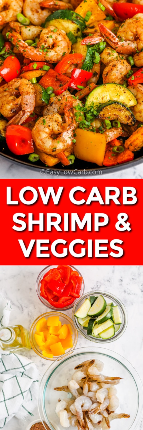 Ingredients for Easy Shrimp Vegetable Skillet and Easy Shrimp Vegetable Skillet in a pan with a title