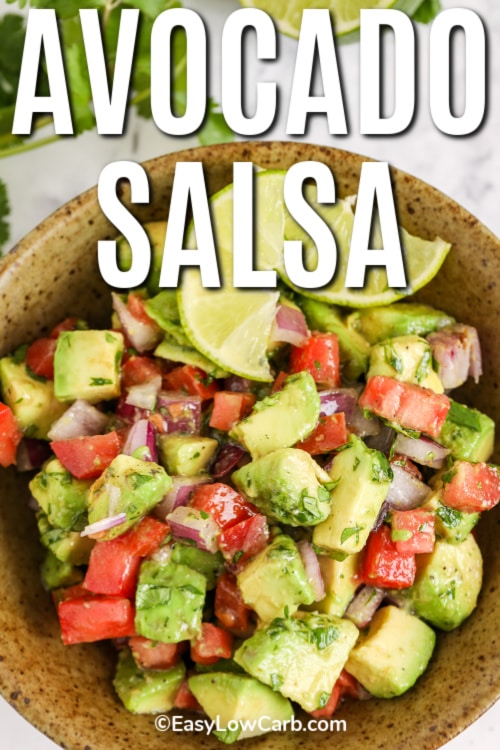 Avocado Salsa in a bowl with a title