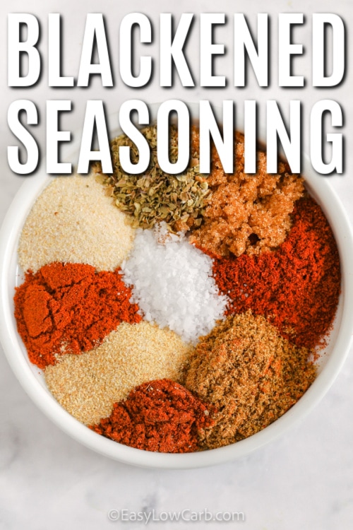 Low Carb Blackening Seasoning spices in a bowl with writing