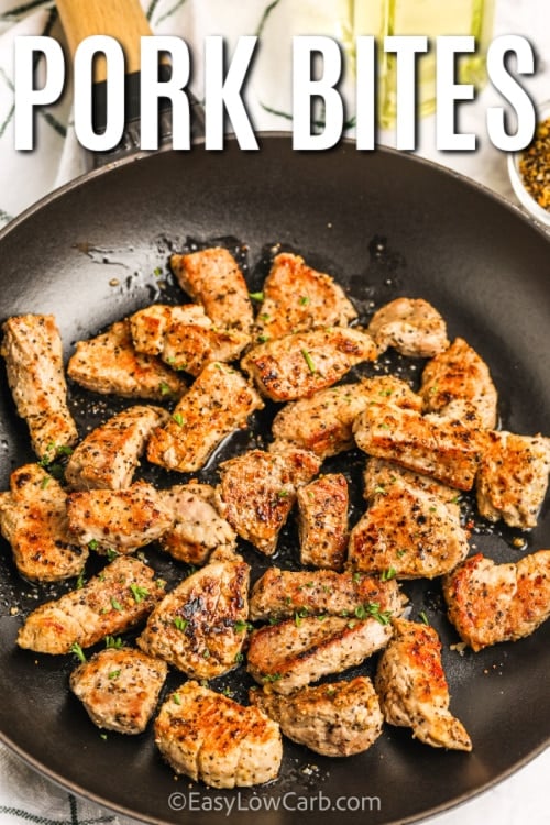 Crispy Pork Bites in a pan with writing
