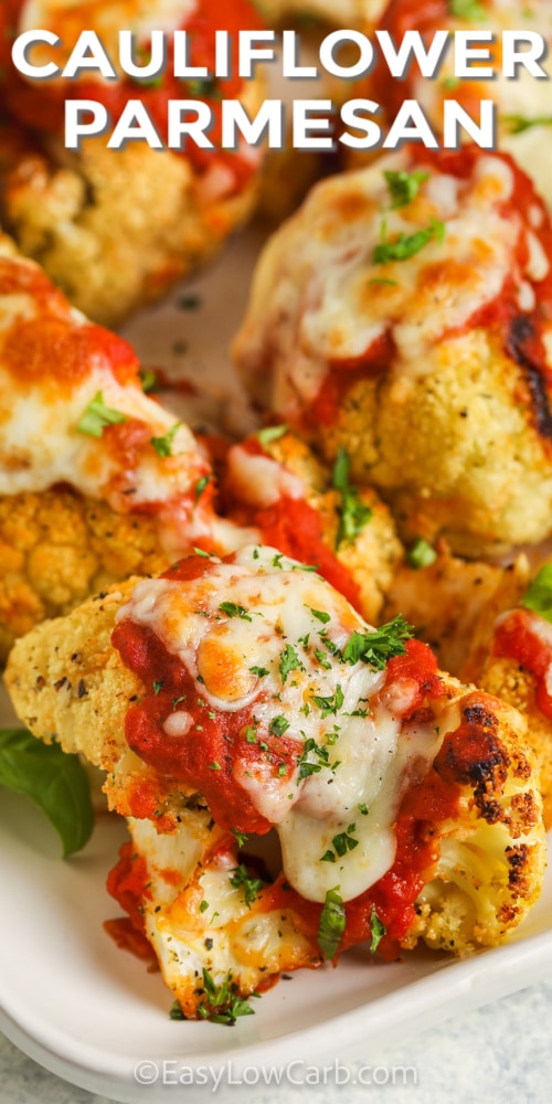 Cauliflower Parmesan on a plate with a title