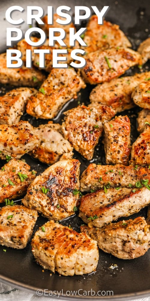 Crispy Pork Bites in a pan with a title