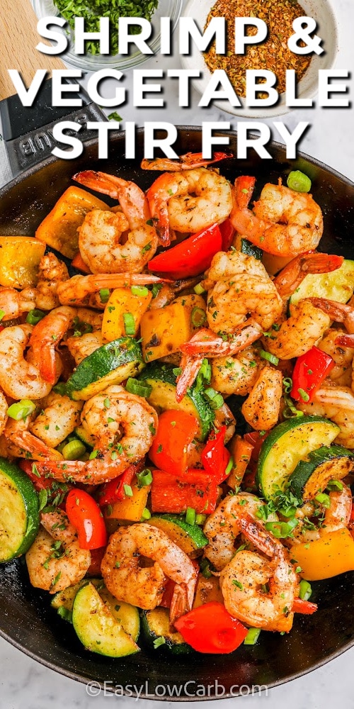 Easy Shrimp Vegetable Skillet with writing