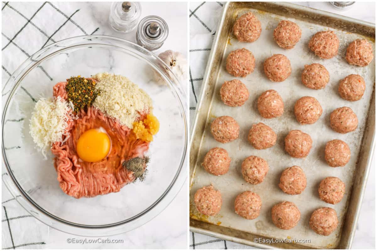 ingredients to make Baked Chicken Meatballs in a clear bowl, and meatballs rolled and placed on a baking sheet