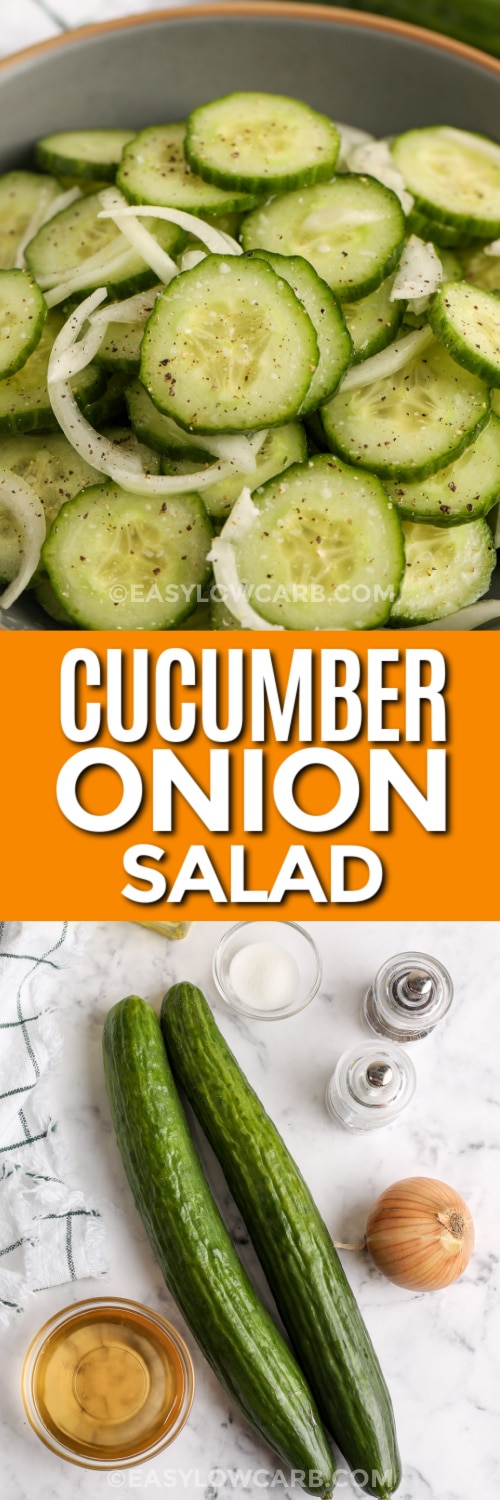 cucumber onion salad and ingredients with text