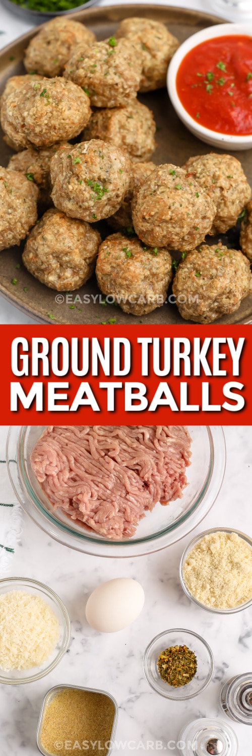 turkey meatballs and ingredients with text