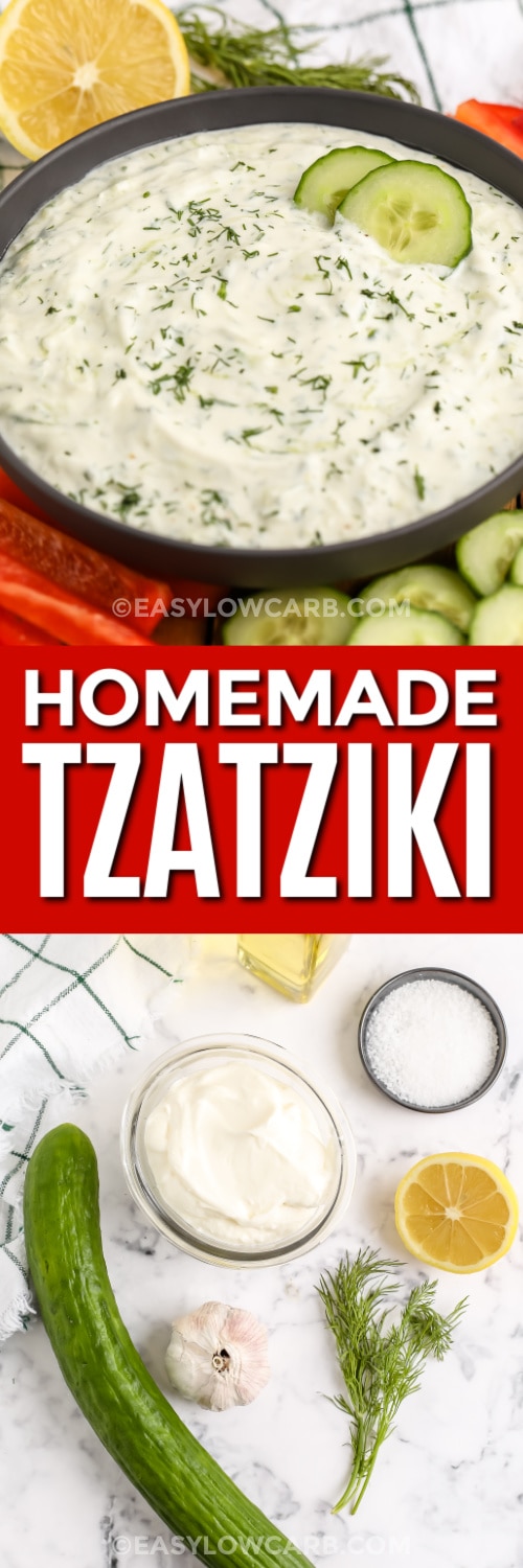 tzatziki and ingredients with text