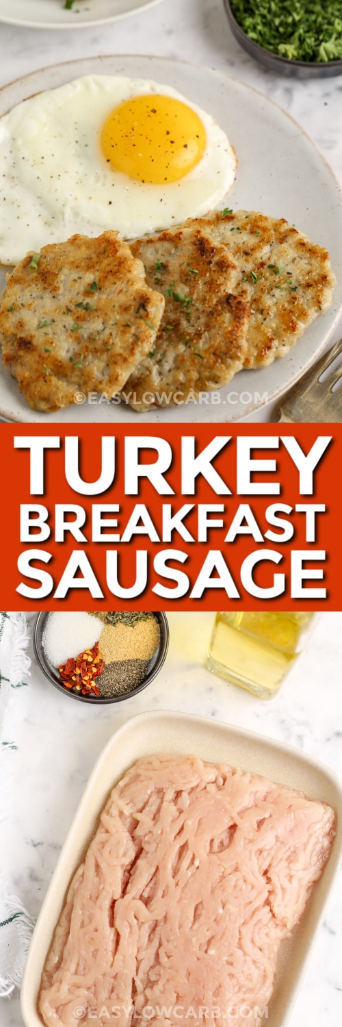 turkey breakfast sausage patties and ingredients with text