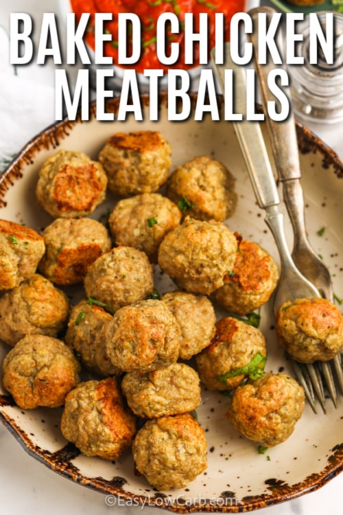 Chicken Meatballs on a plate with utensils and a title