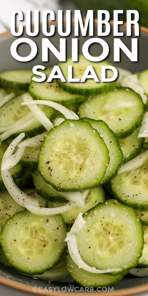 cucumber onion salad in a bowl with text