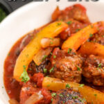 italian sausage and peppers in a bowl with text