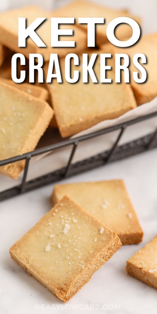 square crackers in a basket with text